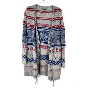 3/$30 American Eagle | Blue Red Gray Cardigan Sweater Open Front Stripe Fringe S
